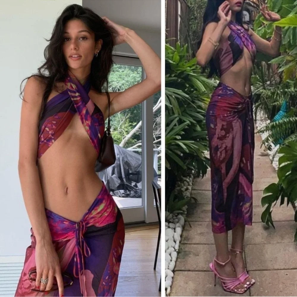 With Jean Naomi Purple Festival Rave Convertible Halter Wrap Midi Skirt Set XS - Picture 6 of 16